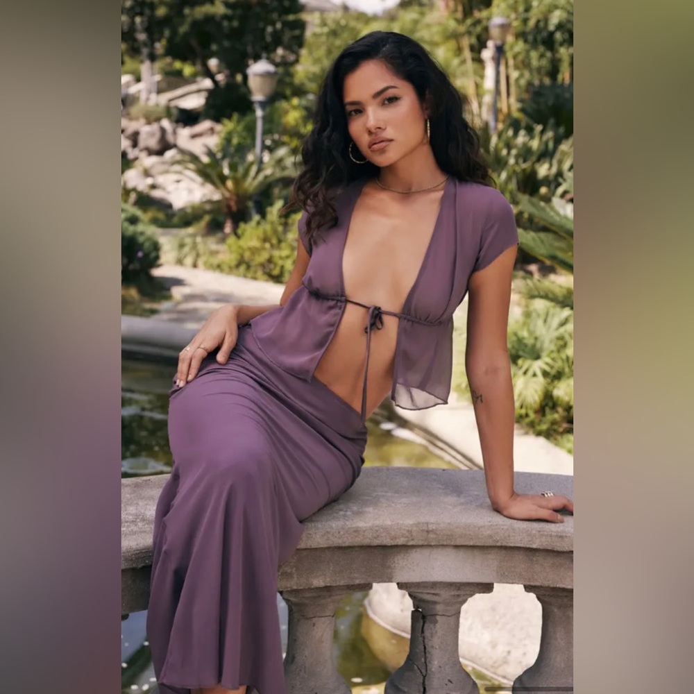 HOUSE OF CB-Maia Tie Front Sheer Georgette Crop Top + Dyana Bias Cut Maxi Skirt